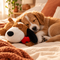 Perro dormido junto al peluche Pawmend en un dormitorio cálido