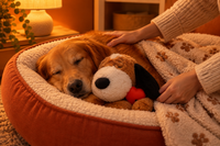 Cachorro dormido abrazado al peluche Pawmend en su cama